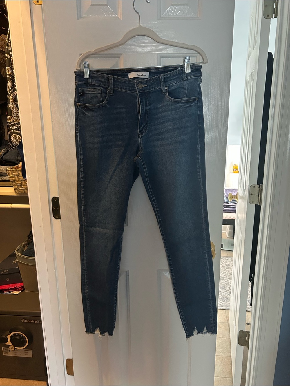 KanCan Dark Blue High-Rise Ankle Skinny Jeans with Frayed Hem